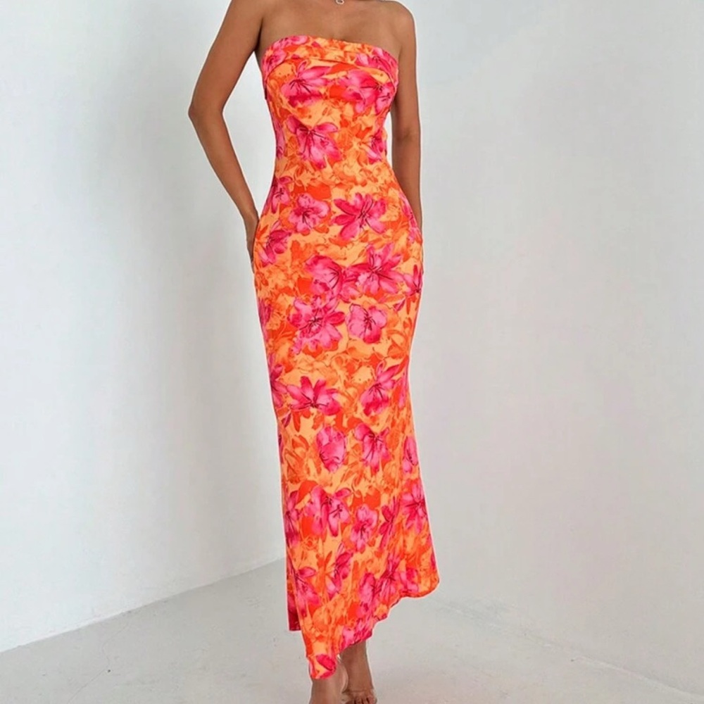 Floral Strapless Dress in Orange and Pink